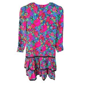 Richard Warren Silk Dress 8 Pink Floral Drop Waist Ruffle 100% Silk